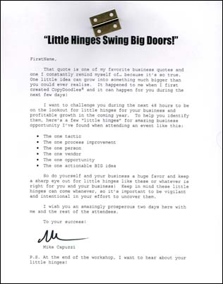 mike capuzzi little hinge direct mail attention grabber