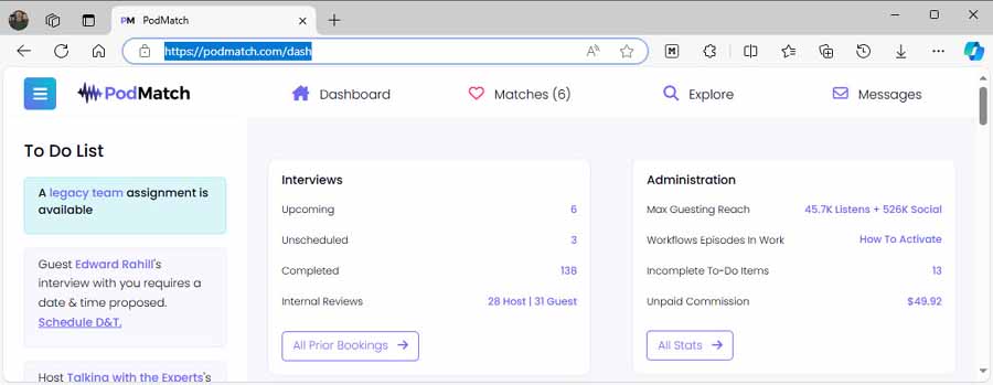 PodMatch dashboard